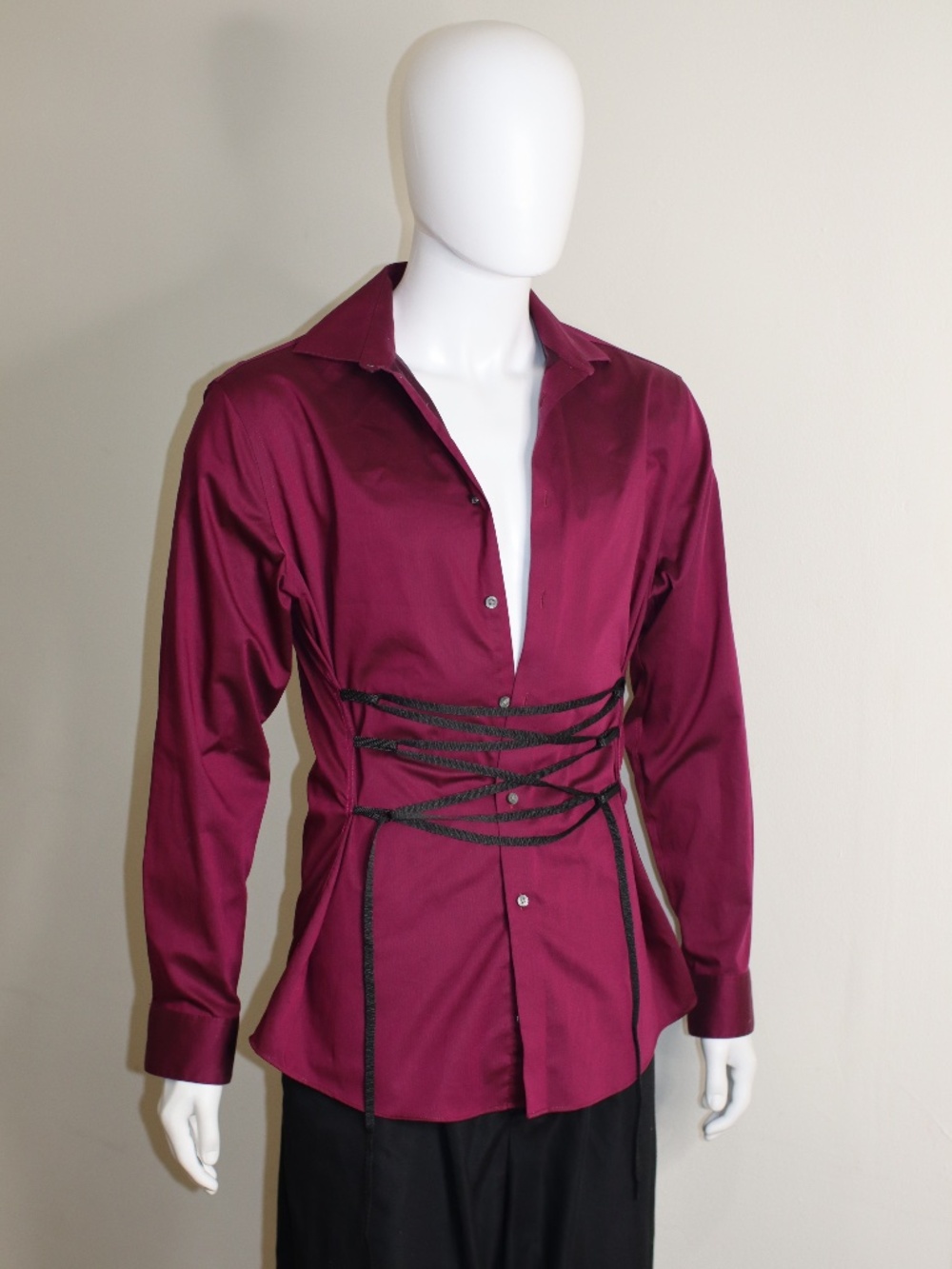 Stylish Upcycled Fuchsia Shirt with Shoe Lace Corset Detail